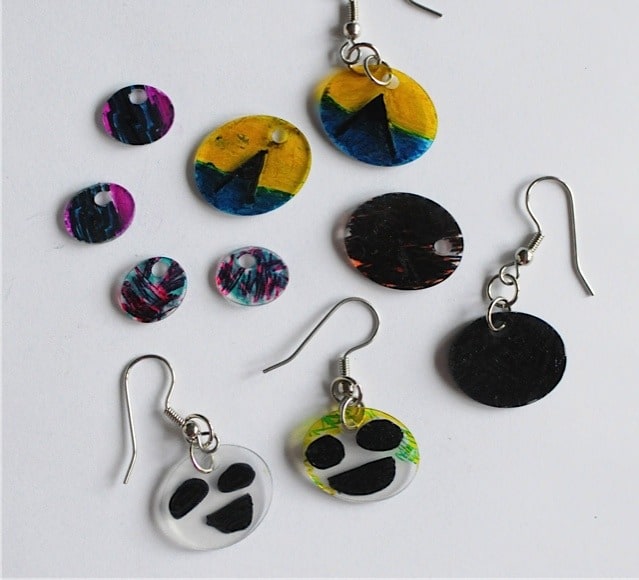 shrinky earrings made with permanent markers and #6 plastic takeout container lids • Artchoo.com