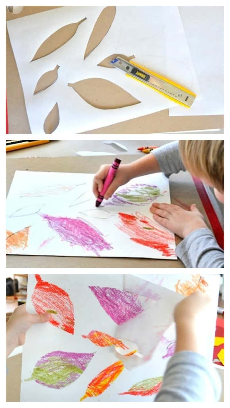 coloring with crayons in a freezer paper leaf stencil