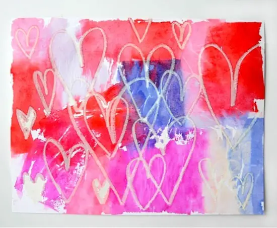 Crayon resist heart art tissue watercolor project.