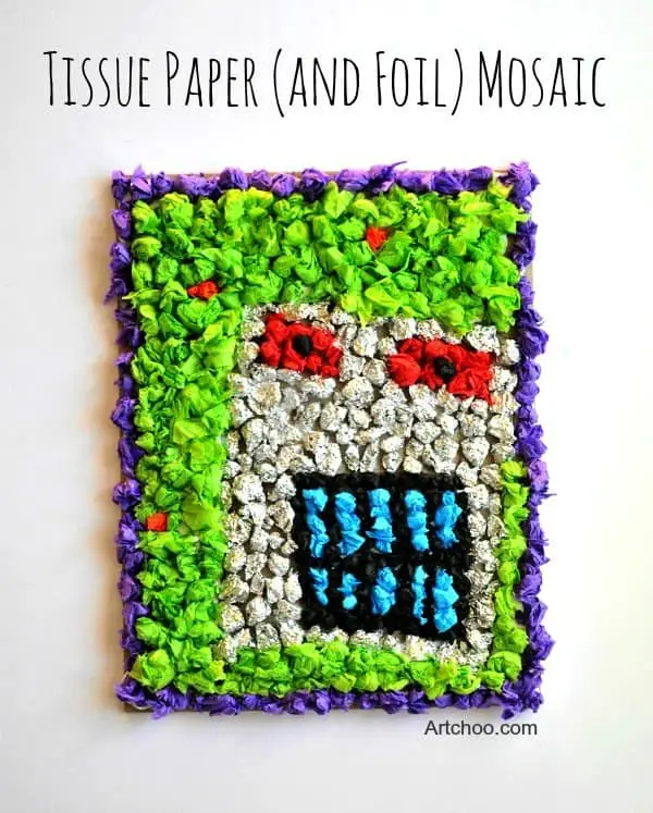 tissue paper and aluminum foil mosaic • art projects for kids • Artchoo.com