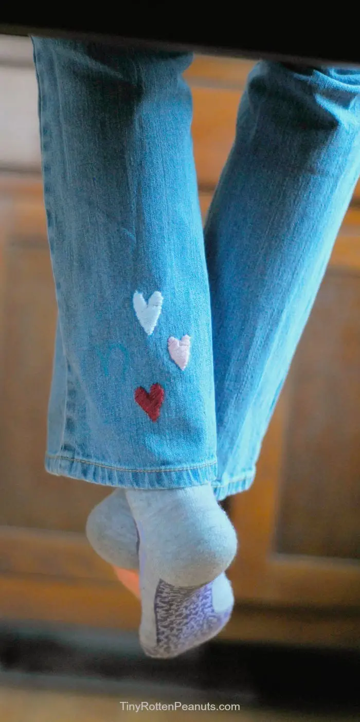 How to embroider little secret hearts onto jeans. From Tiny Rotten Peanuts