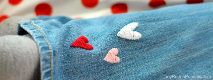 How to embroider cute little secret hearts on jeans . From Tiny Rotten Peanuts
