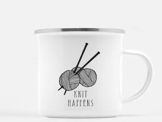 funny knitting mug: knit happens
