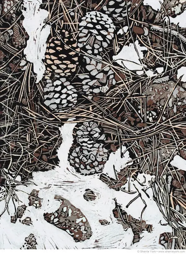 linocut print of pinecones