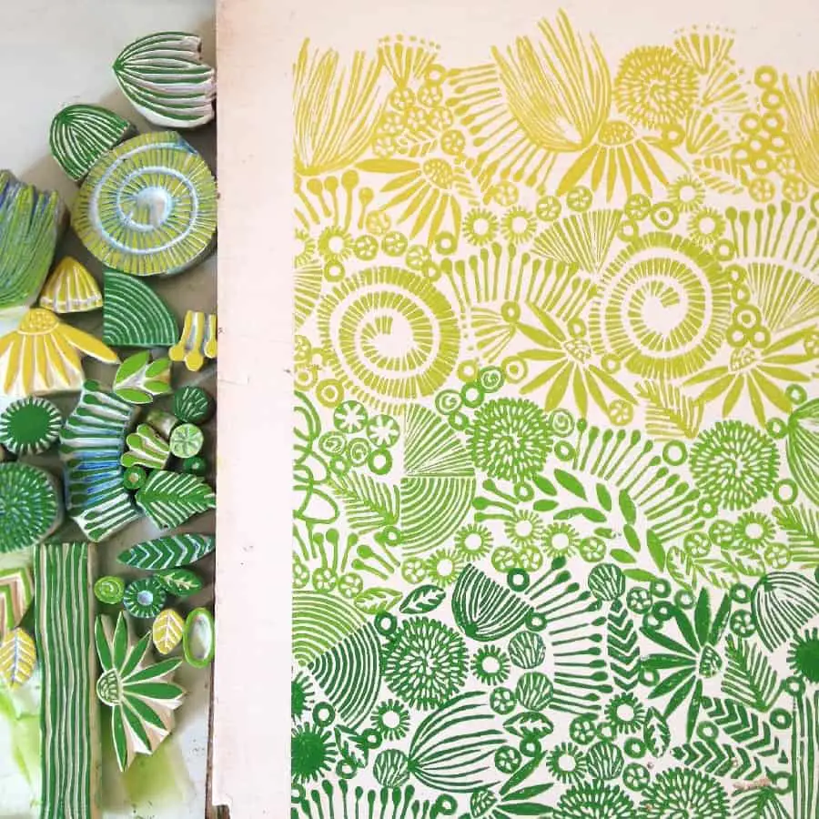 printmaking stamps and green and yellow print