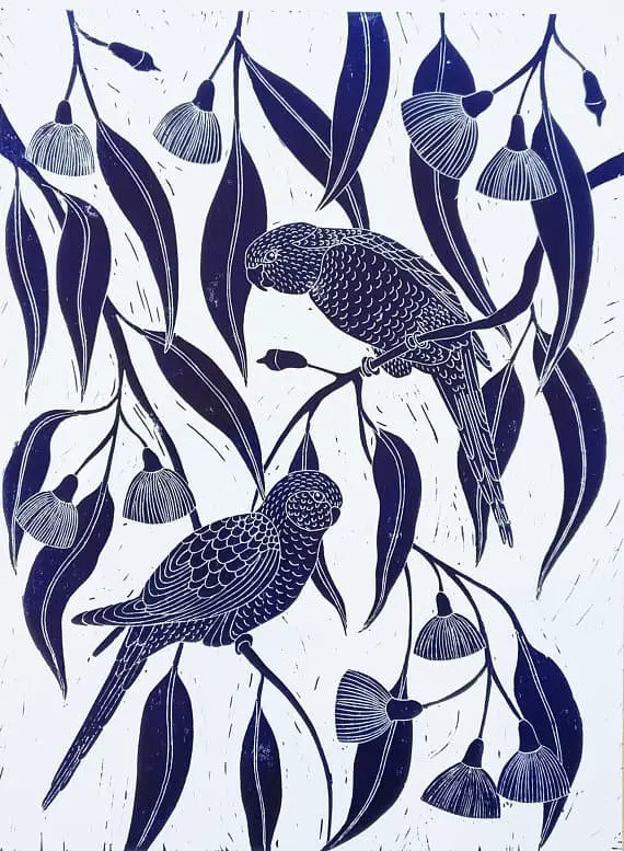 print of birds and leaves - blue