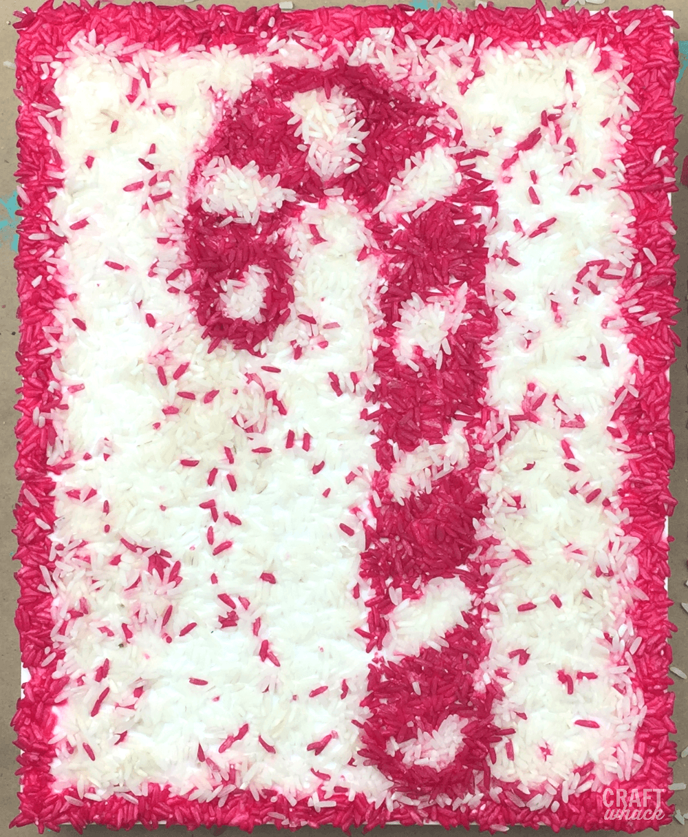 Candy cane art from dyed rice