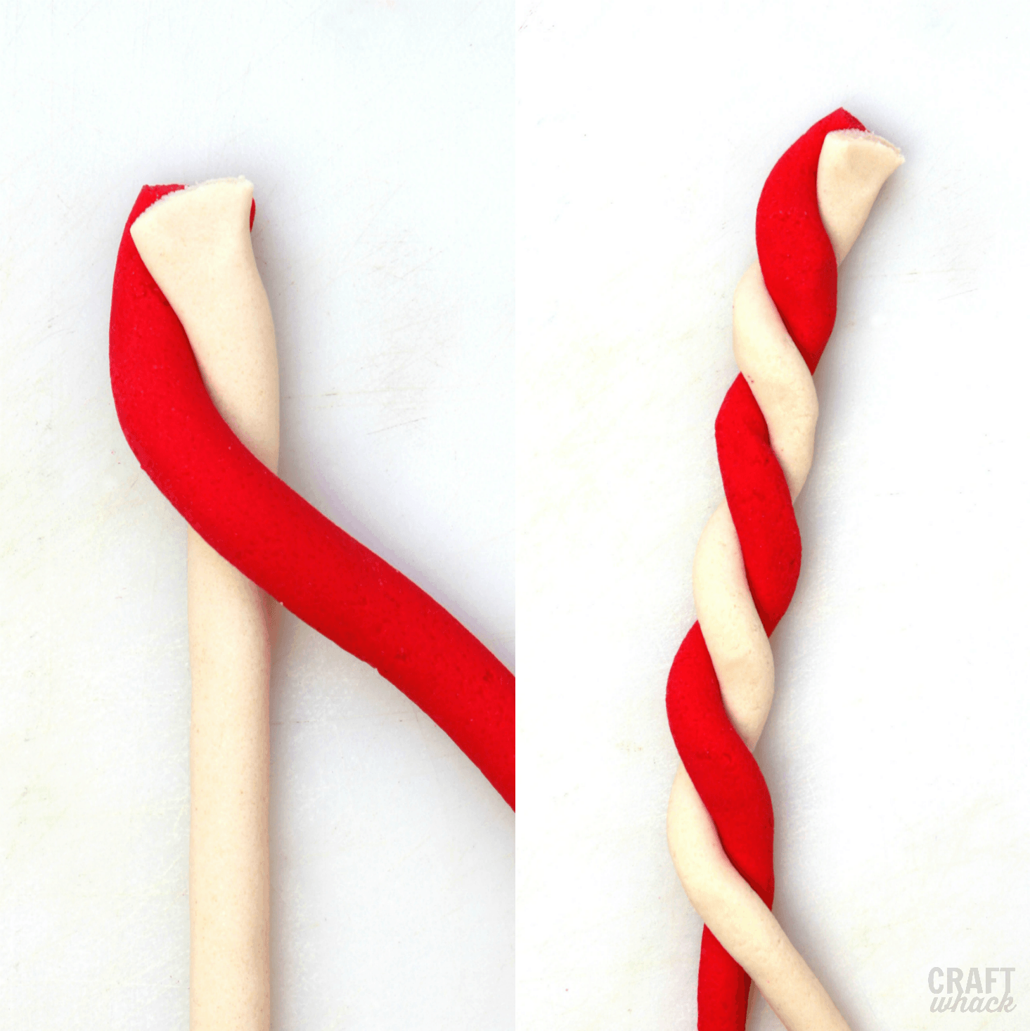 Twisting salt dough to make candy cane ornaments