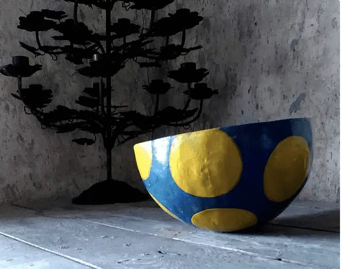 blue with yellow dots paper mache bowl
