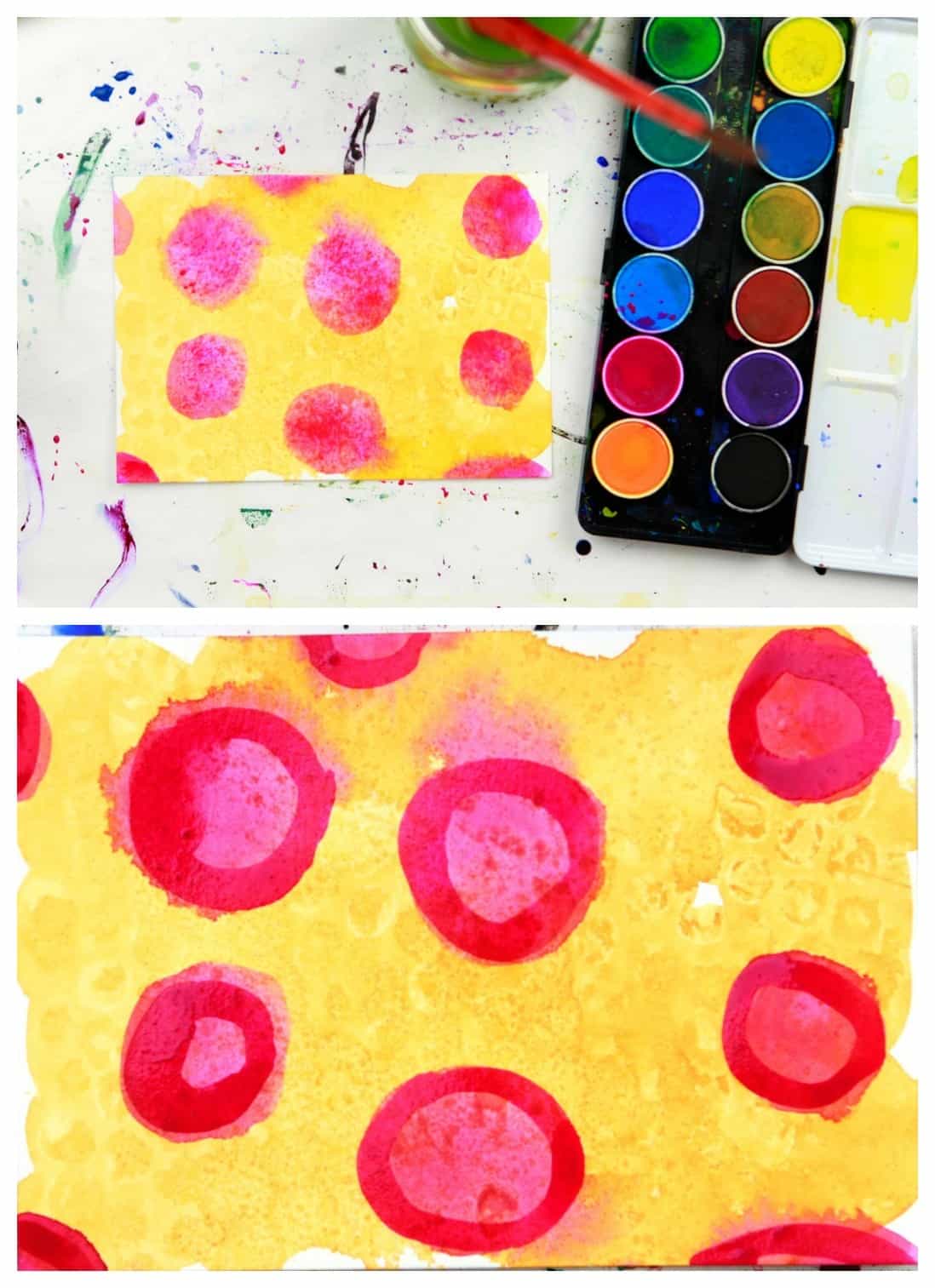 wet on wet watercolor pink circles on yellow background