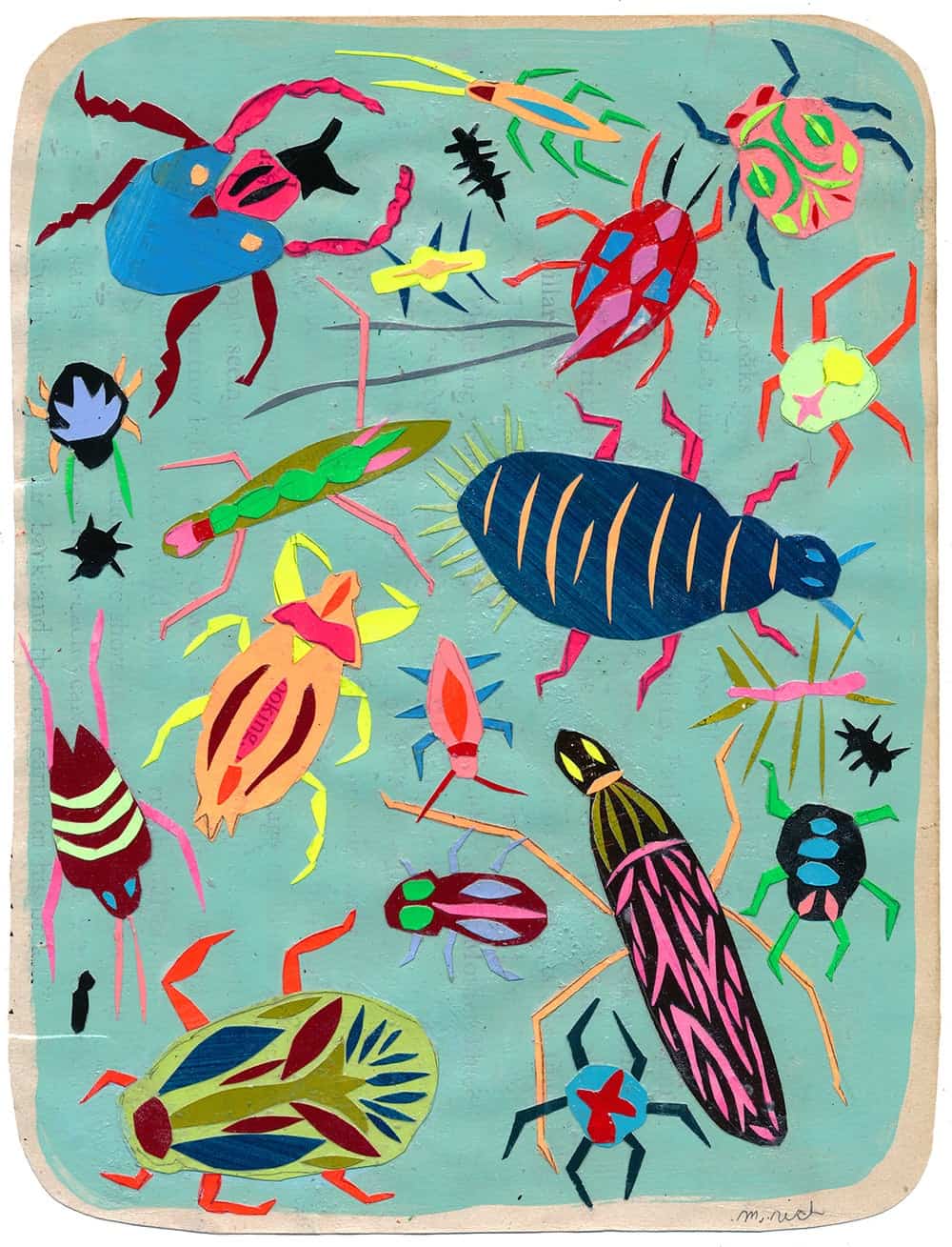 acrylic painting on paper of insects by Martha Rich
