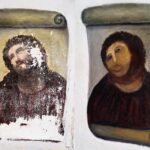 before and after photos of the Jsus fresco that was painted over by the old woman in Spain