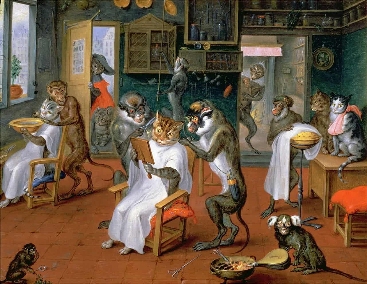 Abraham Teniers - painting monkeys and cats barbershop