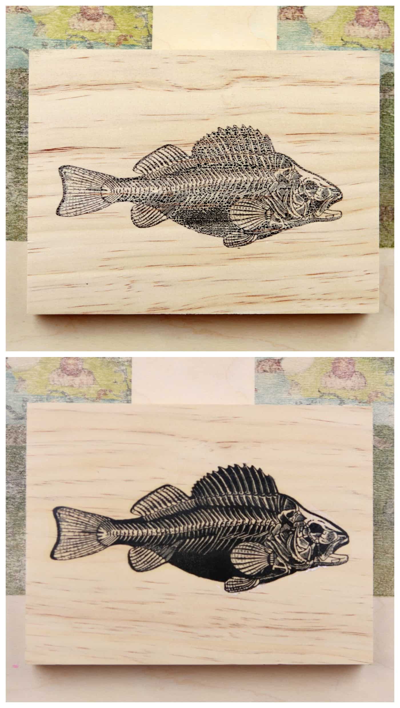 fish printed onto wood using print transfer techniques