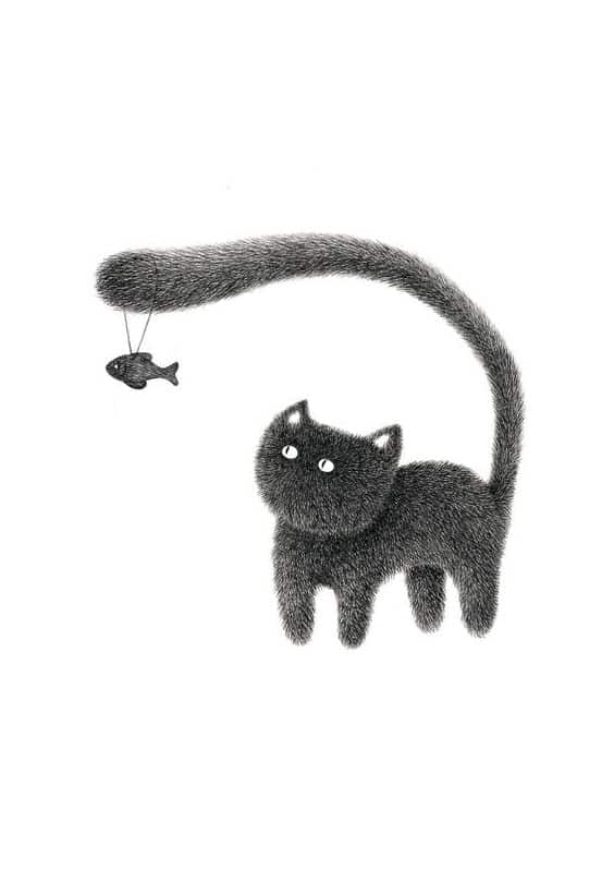 Illustration by Kamwei Fong  - funny cat with fish