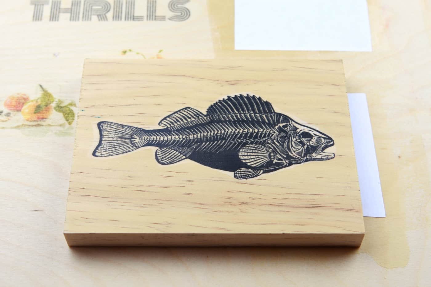 fish image transferred onto wood with t-shirt transfer paper