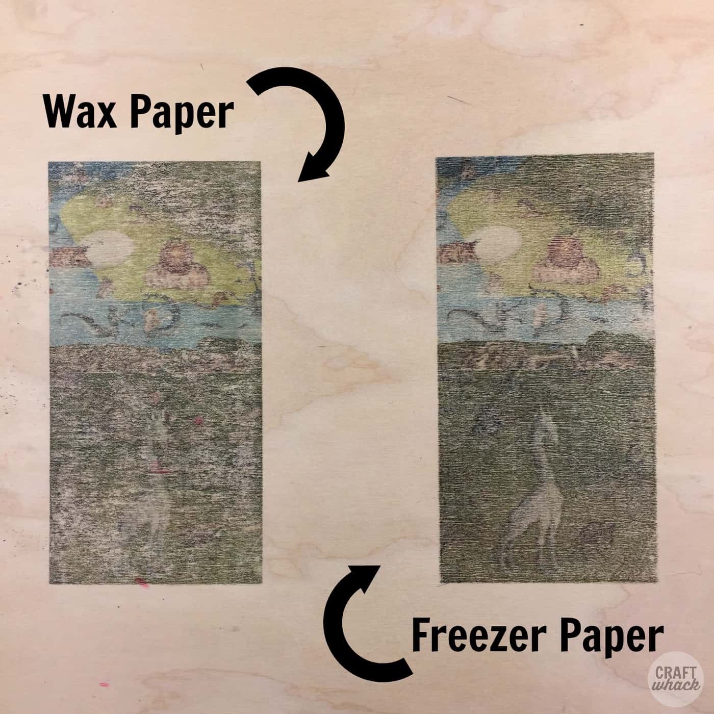 wax paper vs. freezer paper images on wood