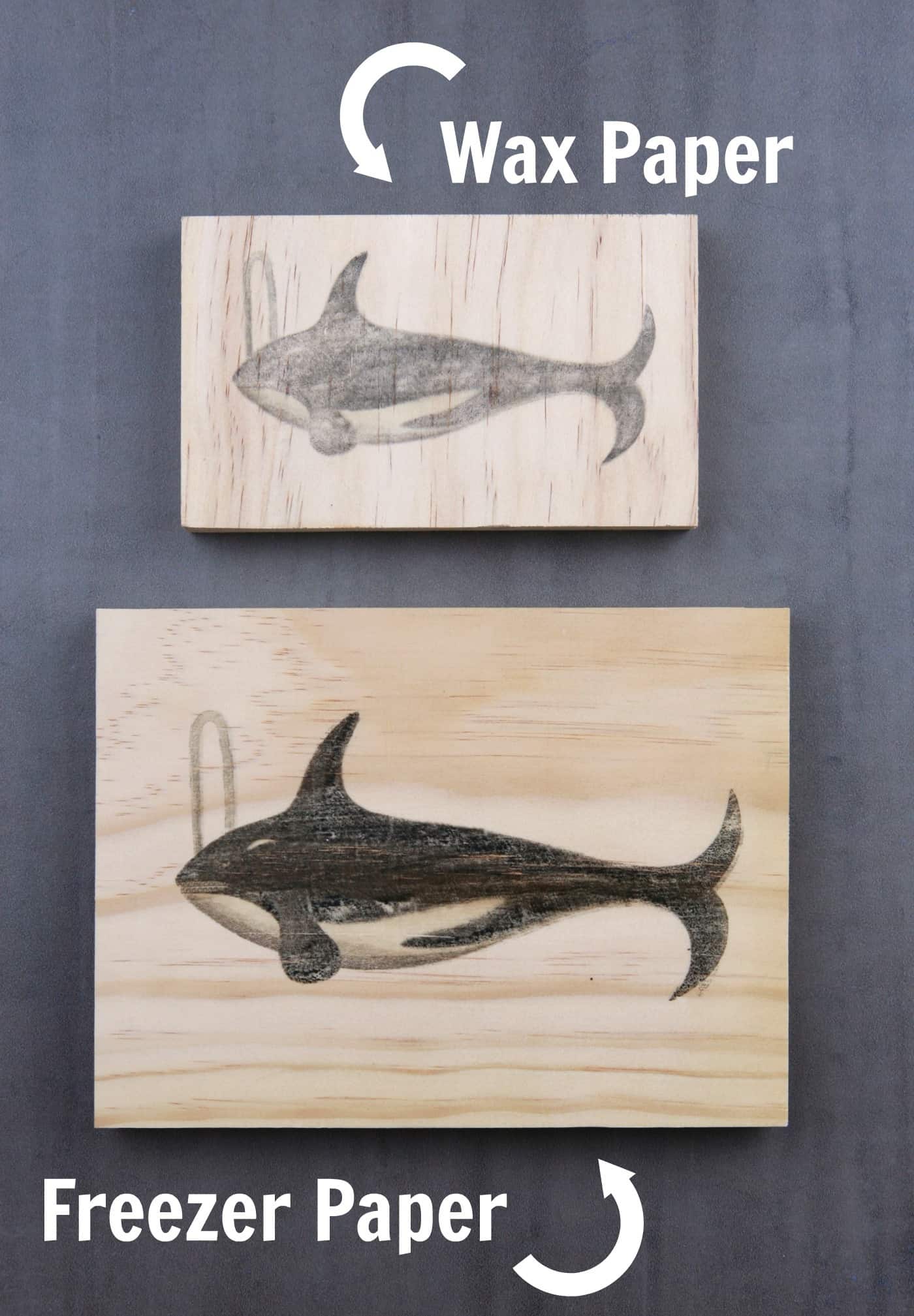 whale images using wax paper and freezer paper to transfer onto wood