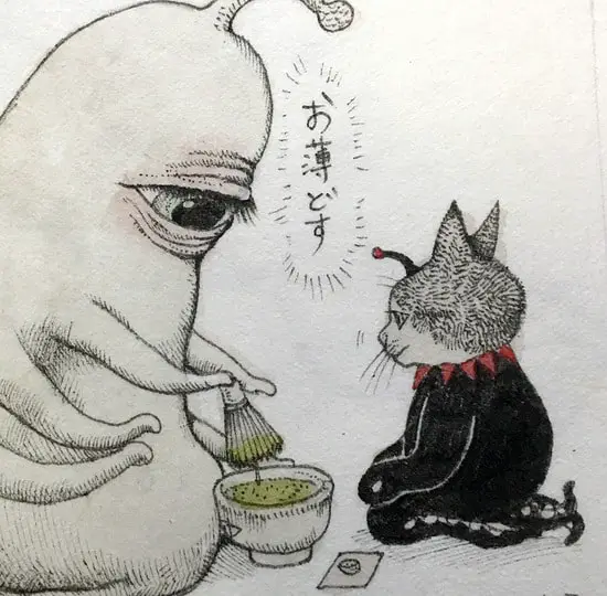 cat alien with alien green tea ceremony