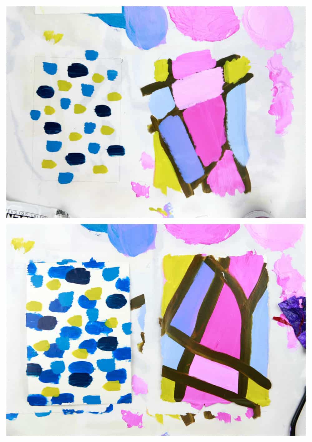 acrylic paint gel transfer steps showing front and back of abstract painted design