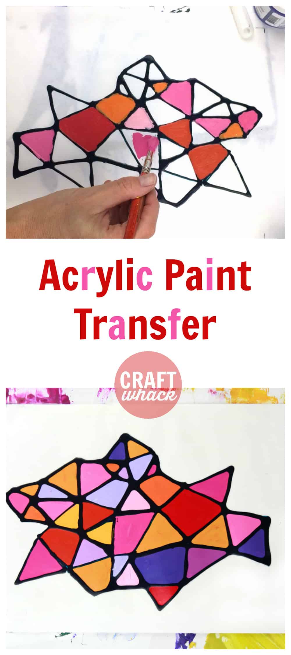 2 abstract acrylic paint designs showing how to do the acrylic paint transfer technique