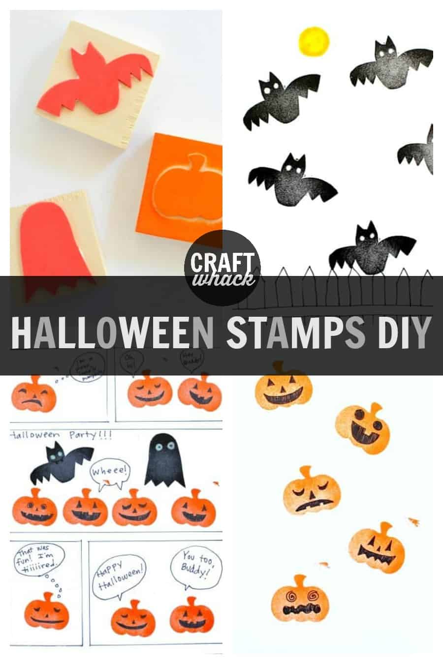 foam stamps of Halloween creatures: bats, ghosts and jack-o-lanterns as a kids craft 