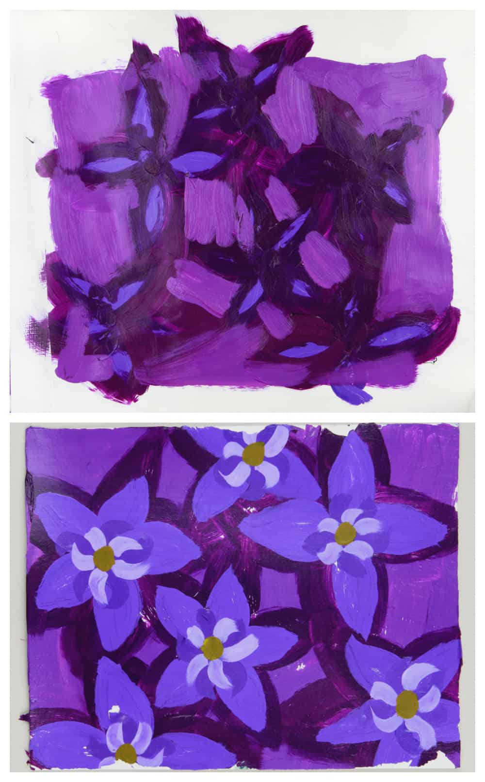 acrylic paint gel transfer steps showing front and back of purple flowers painted design