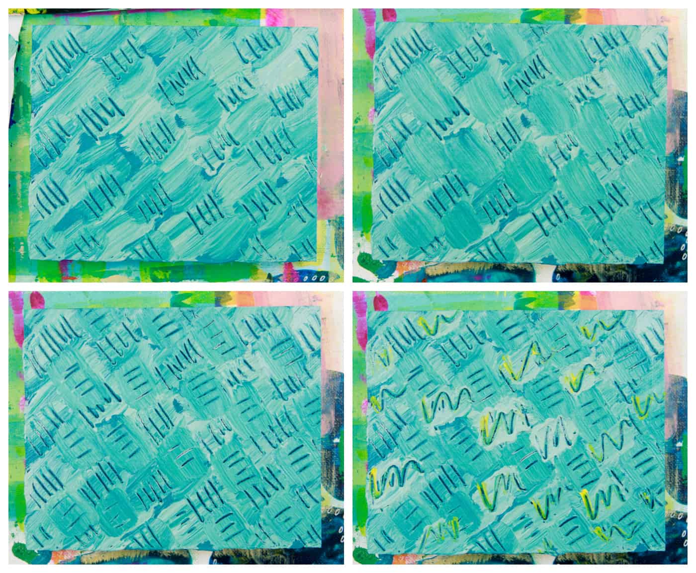4 images of a turquoise painting with thick paint and scratched-in, or sgraffitoed lines