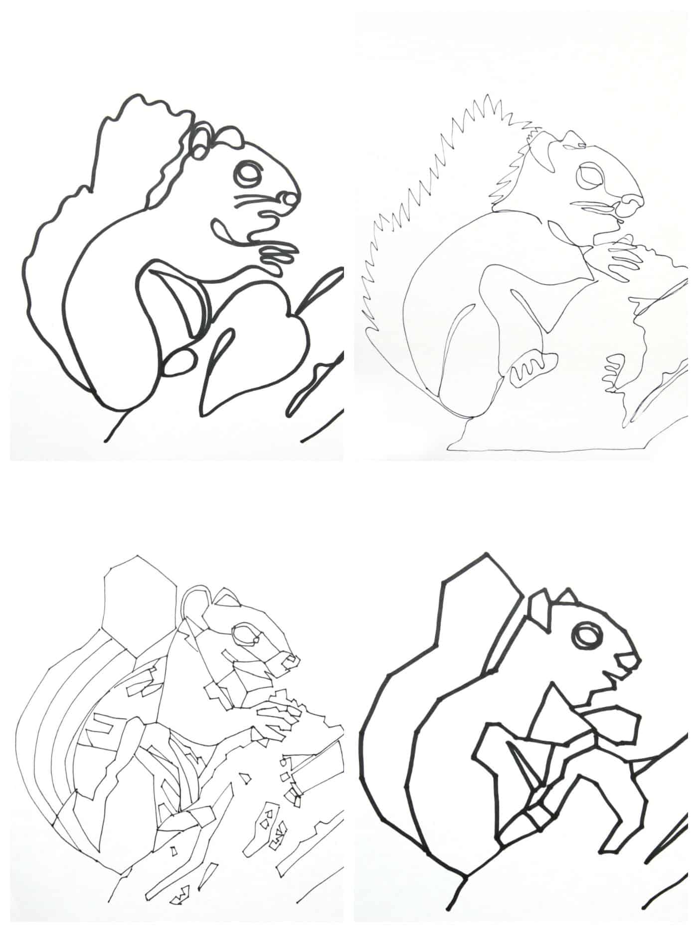 4 traced squirrel drawings