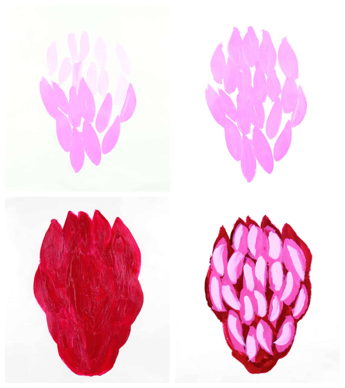 acrylic paint gel transfer steps showing front and back of pink flower painted design