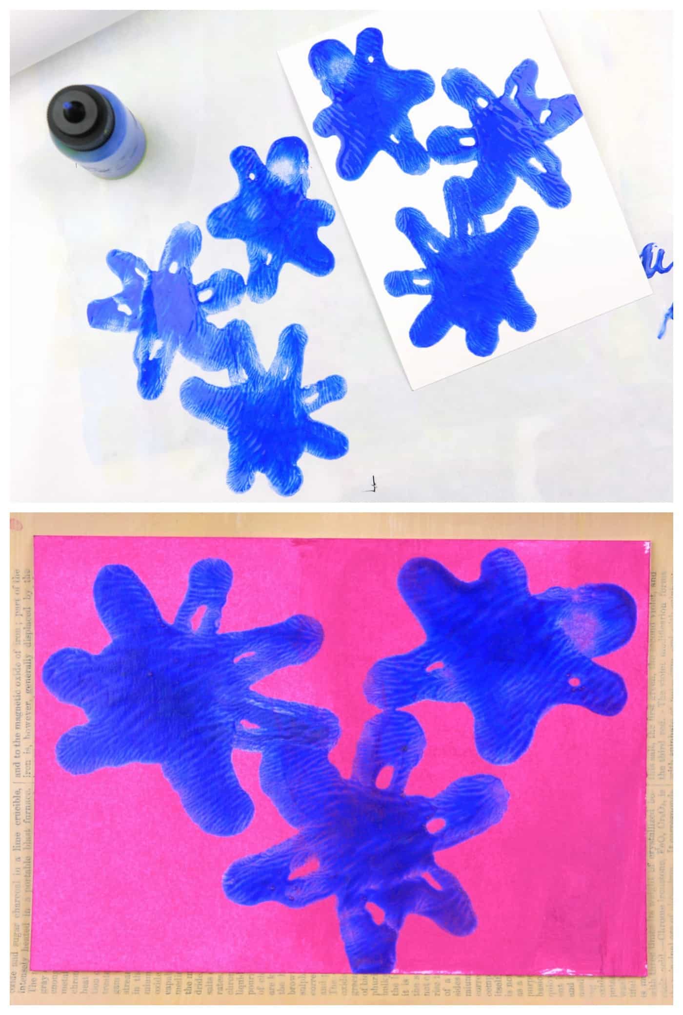 abstract flower acrylic paint monoprint in blue with pink paint wash in background