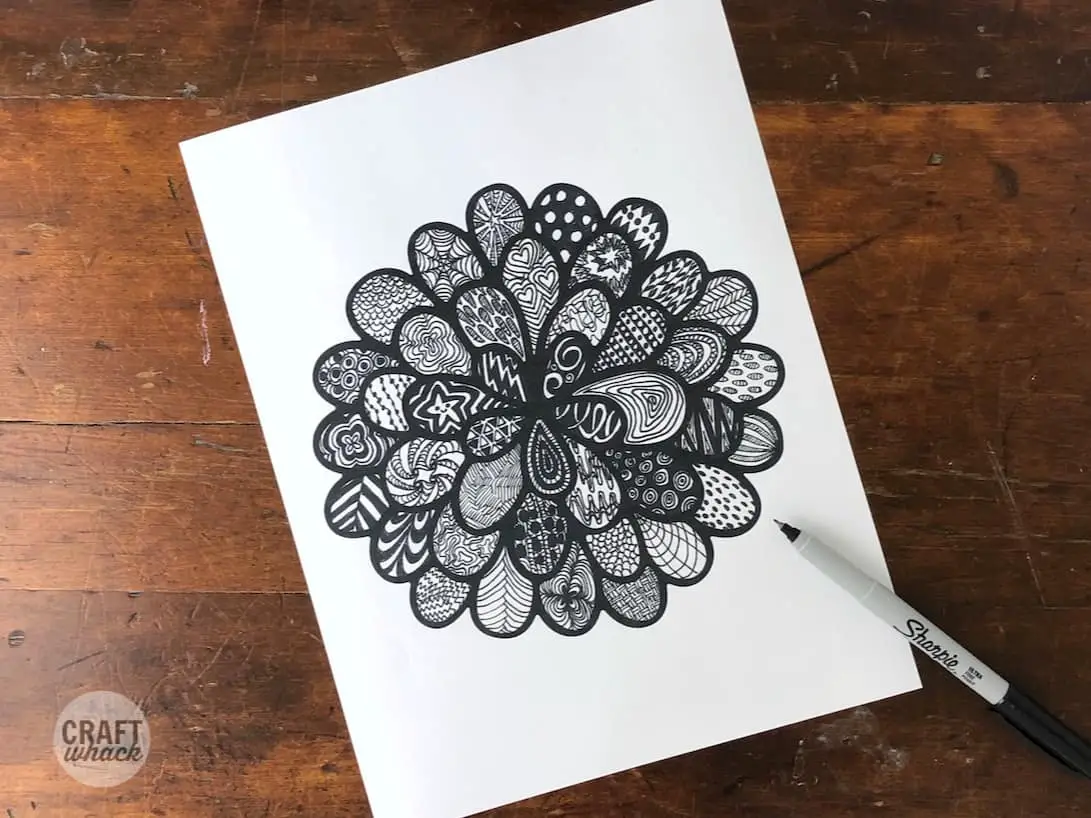 Zentangle doodle drawings in a free flower printout