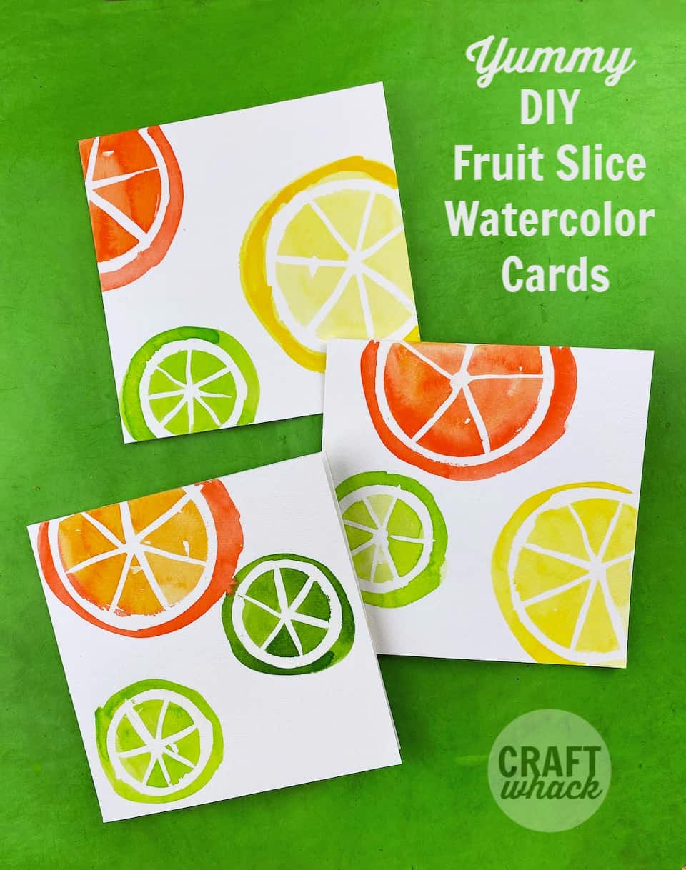 3 diy fruit slice cards made with watercolor