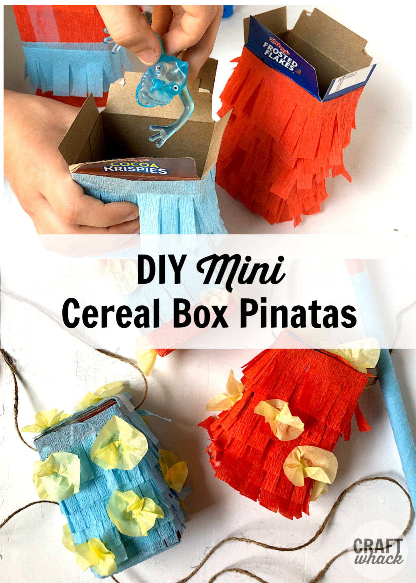 Cereal box pinatas with text overlay that says DIY mini cereal box pinatas