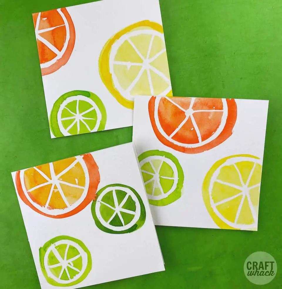 ciy-lemon lime and orange slice watercolor cards on green background