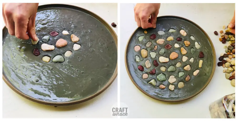 pressing river pebbles into a cement stepping stone diy