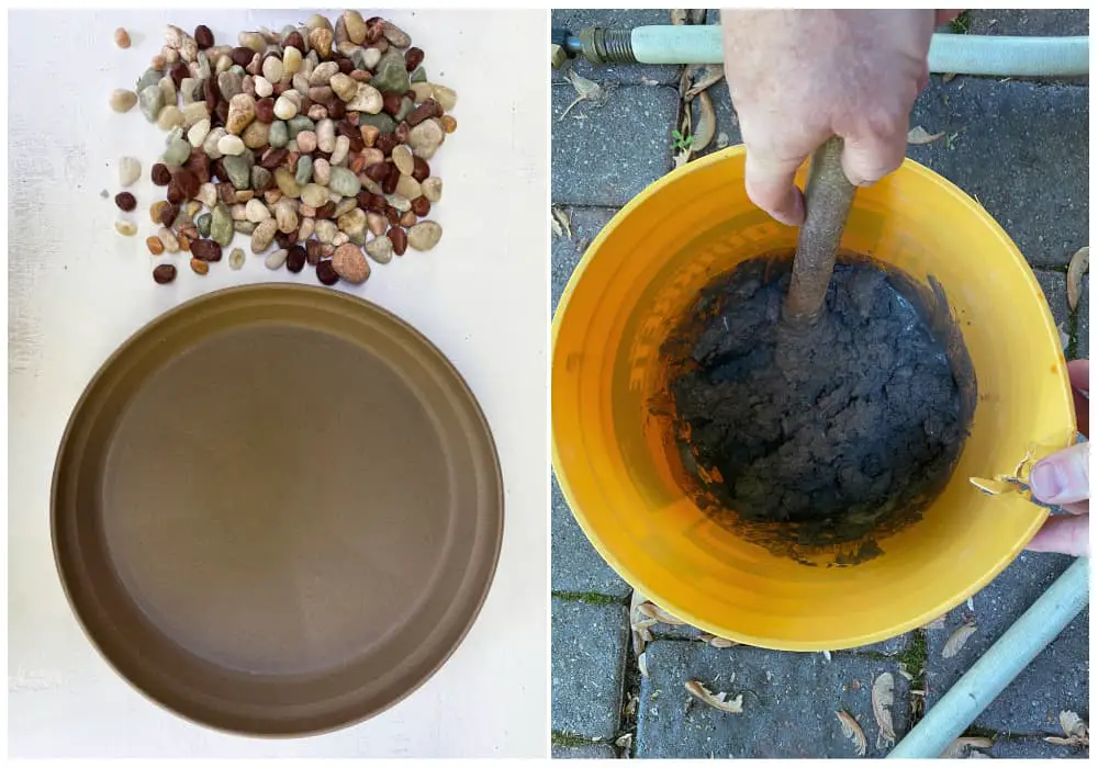 mixing cement for stepping stones and a pile of river pebbles