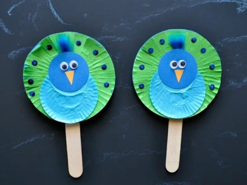 Cupcake Liner Peacock Stick Puppet