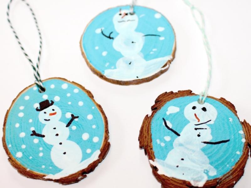 Fingerprint Snowman Wooden Christmas Ornaments