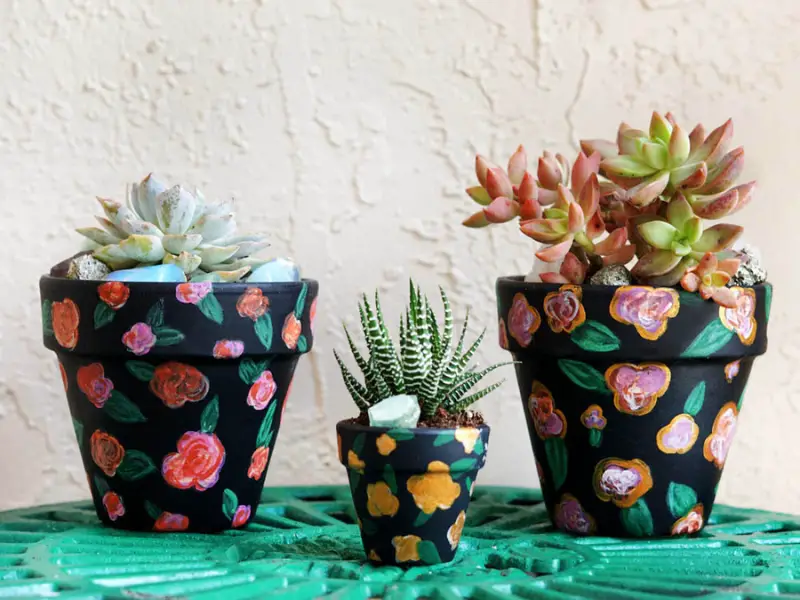 Boho Dark Floral-Painted Terracotta Pots