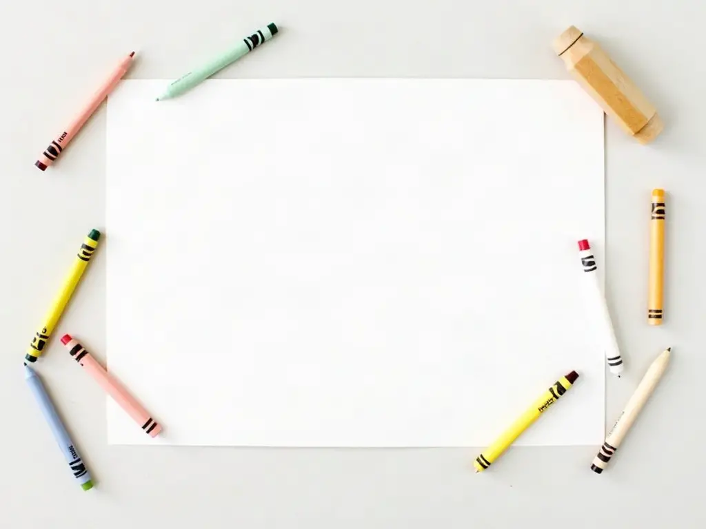 Paper, crayons, markers, and a pencil laid out for a child's drawing session