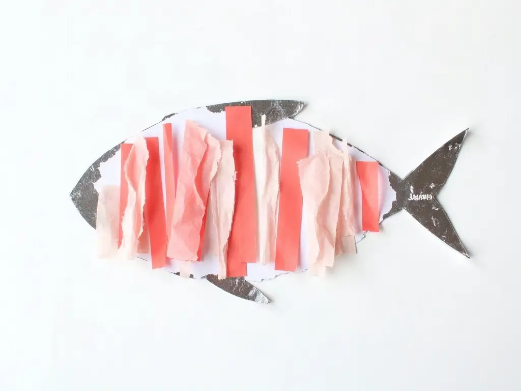 Tissue paper and foil collage being cut into a fish shape