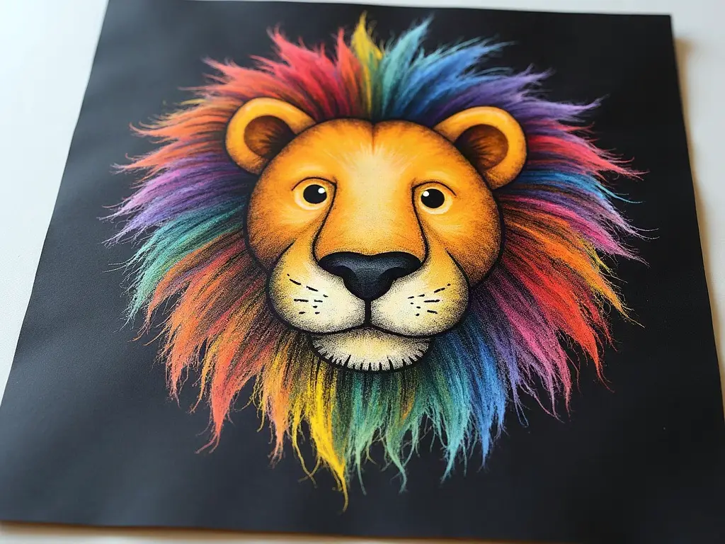 Oil pastel lion with a colorful mane on black paper