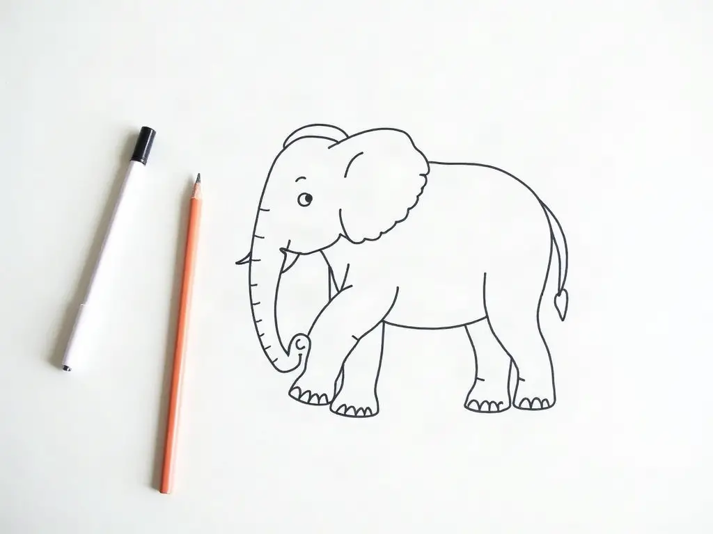 Pencil, fine black pen, and an elephant outline ready for Zentangle drawing