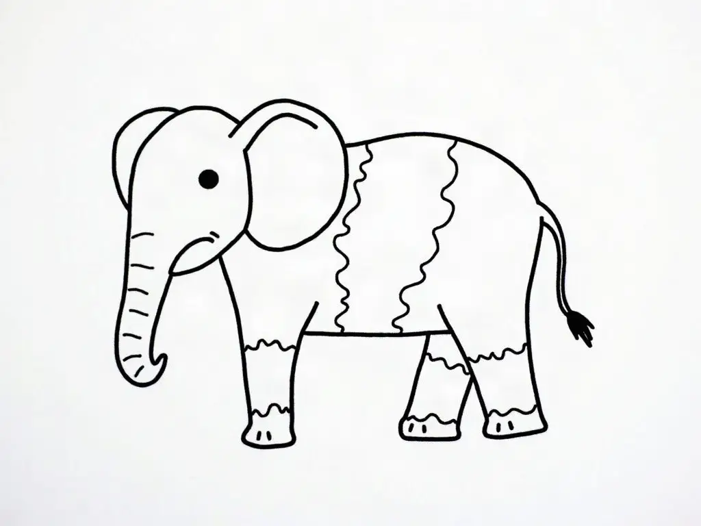 Elephant outline partly filled in with different Zentangle patterns
