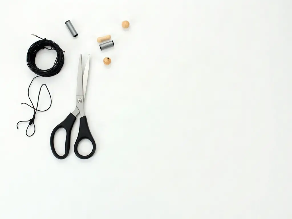 Cord, scissors, beads and tubes laid out to restring a wind chime