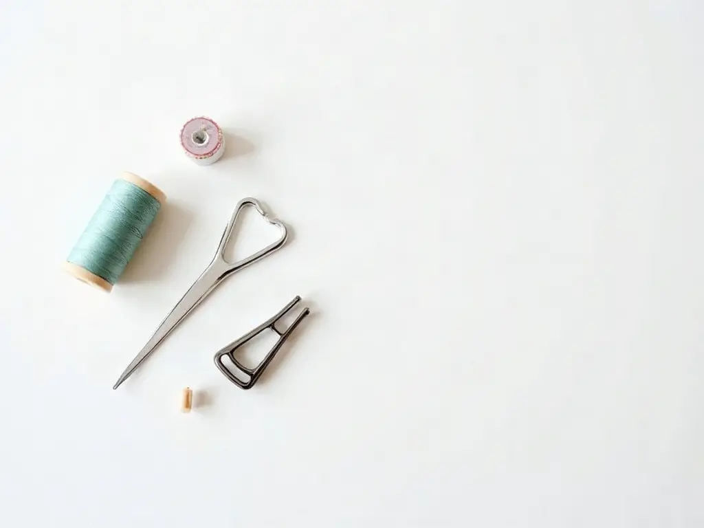 Thread, bobbin, presser feet and seam ripper laid out beside a sewing machine