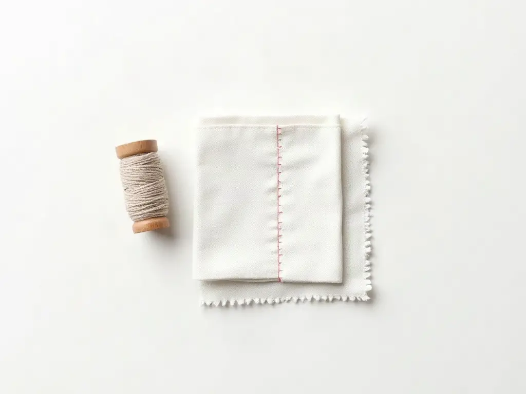 Test stitches on a fabric scrap next to a spool of thread