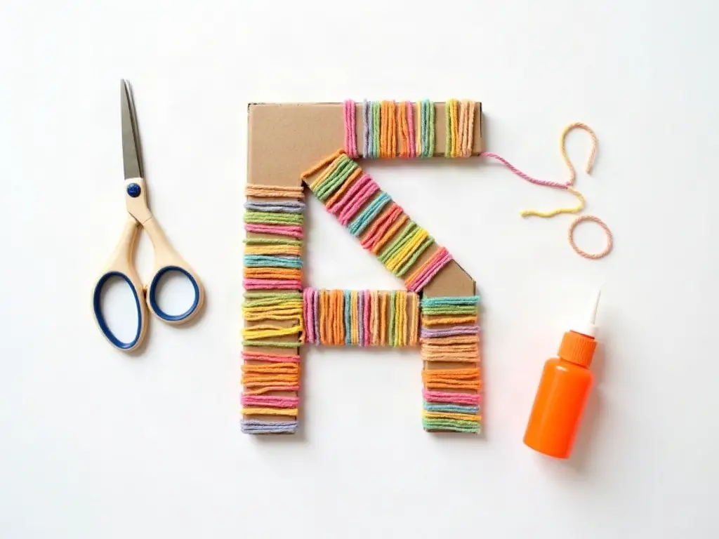 Cardboard letter being wrapped in colorful yarn