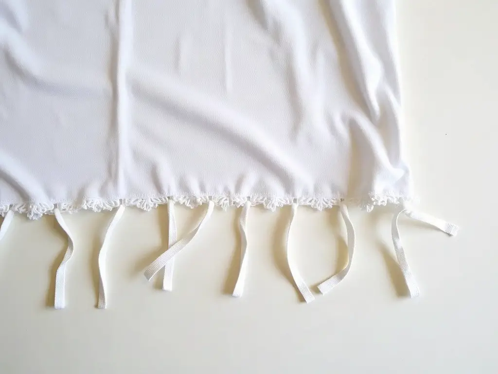 Fringe on a T-shirt being knotted to form the bottom of a tote bag